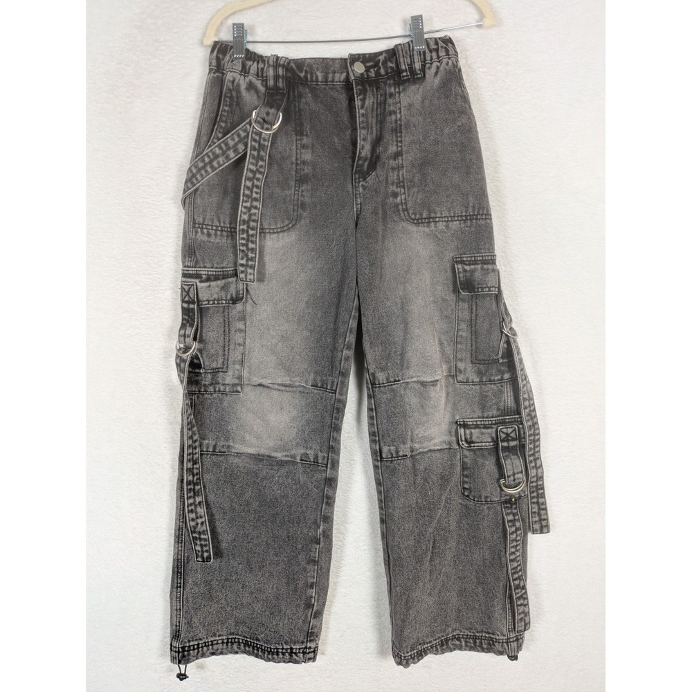J For Justify Cargo Jeans Junior's M Gray D-Ring Strap Utility Acid Wash Stretch